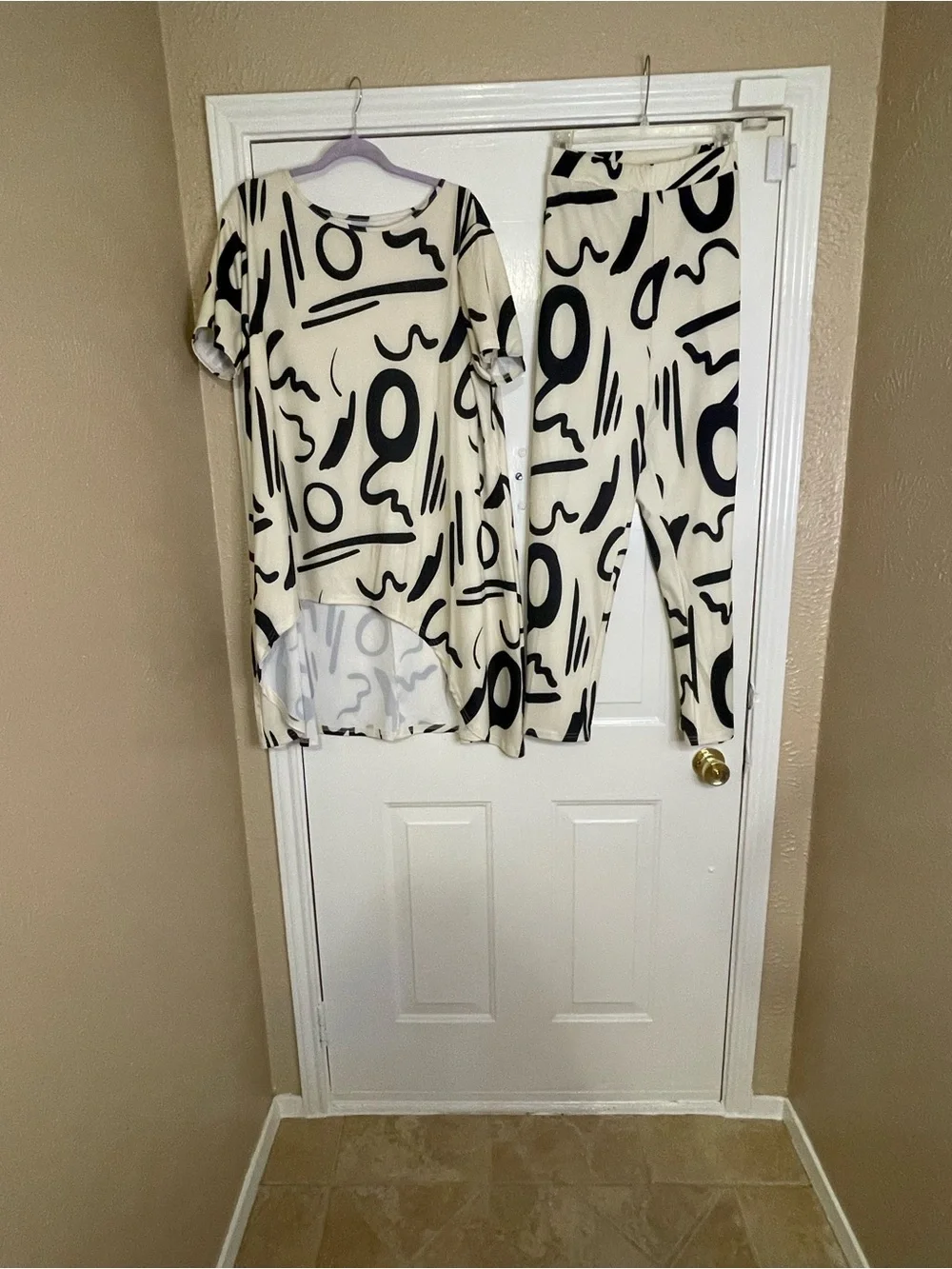 Cream and Black Abstract Print Pants Set